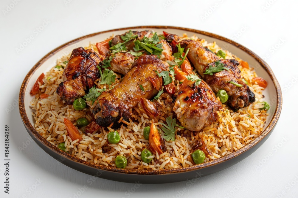 Mouthwatering chicken and rice dish with vegetables displayed on a round plate for culinary stock usage Mouthwatering chicken and rice dish with vegetables displayed on a round plate for culinary stock usage
