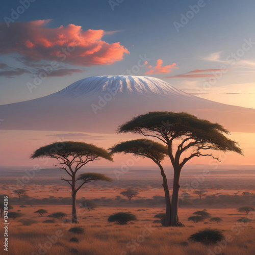 Realistic breathtaking Kenyan savanna at twilight, featuring Mount Kilimanjaro, vast plains, and skys harmony.