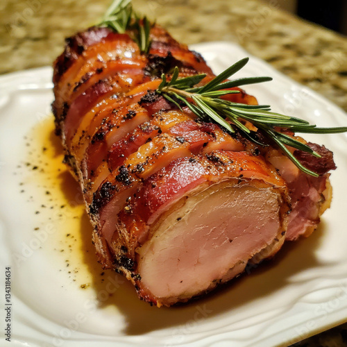 Cuadro en lienzo Succulent pork tenderloin wrapped in crispy, golden-brown bacon, seasoned with b
