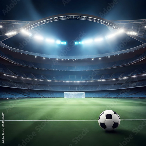 Illuminated soccer stadium with powerful spotlights, vibrant field, and electrifying game-night atmosphere