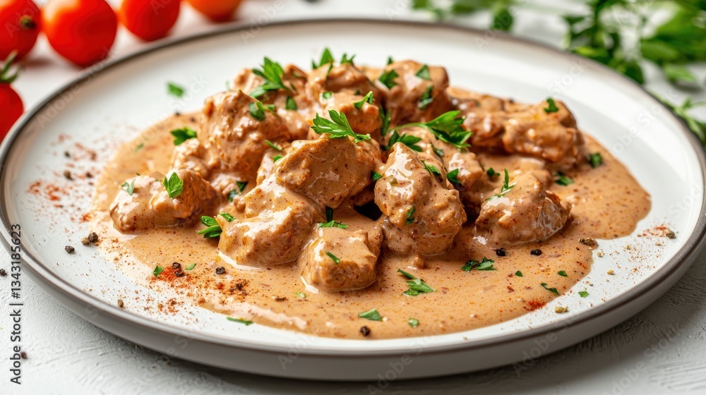 Delicious beef stroganoff garnished with fresh parsley served on white plate culinary delight food photography Delicious beef stroganoff garnished with fresh parsley served on white plate culinary delight food photography