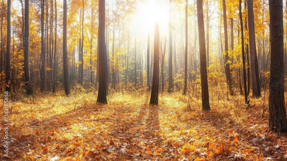 Obraz premium Sunlit Autumn Forest with Golden Leaves and Sunlight Streaming Through Branches