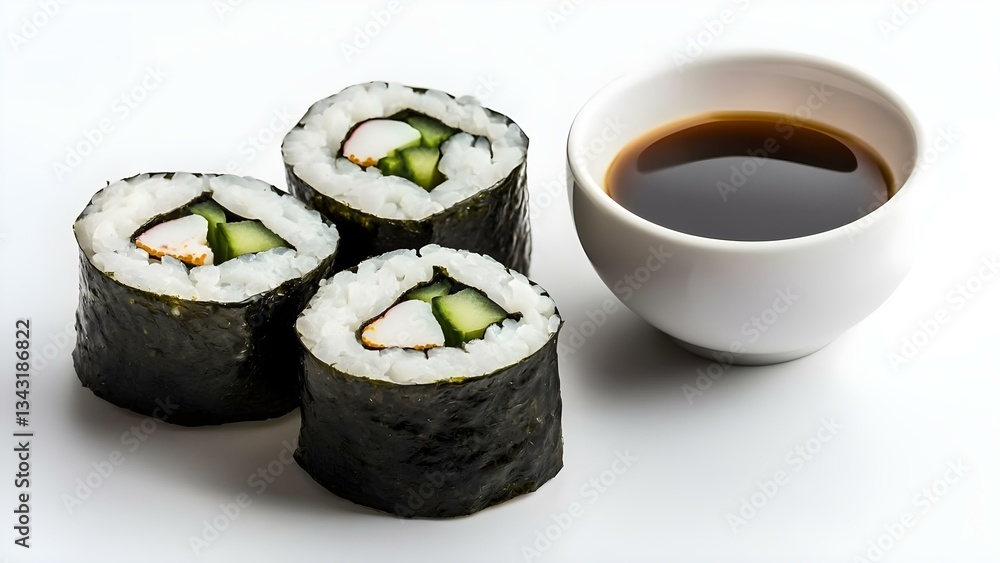 Three sushi rolls filled with cucumber and crab, accompanied by a small bowl of soy sauce. Concept Sushi Presentation, Cucumber and Crab Rolls, Soy Sauce Pairing, Japanese Cuisine, Culinary Artistry Three sushi rolls filled with cucumber and crab, accompanied by a small bowl of soy sauce. Concept Sushi Presentation, Cucumber and Crab Rolls, Soy Sauce Pairing, Japanese Cuisine, Culinary Artistry