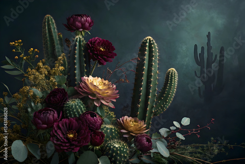 Dark Moody Cactus Floral Background Dramatic Desert Blooms with Rich, Elegant Tones