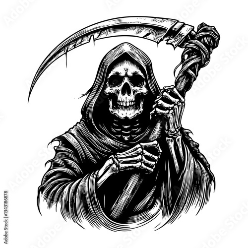 Grim reaper holding sickle sketch engraving black and white outline. Scratch board imitation.
