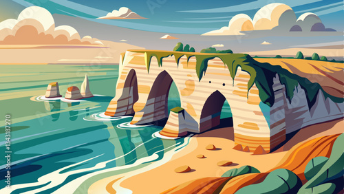 vector of serene panorama of the alabaster coast in Normandy, with dramatic arches and waves crashing gently on the sandy beach