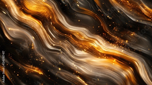 Abstract gold waves flowing, dark background, sparkle effect, design element