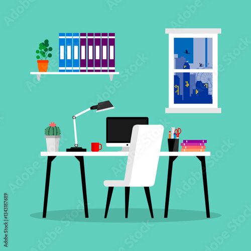vector workplace interior with laptop, clock, coffee cup and plant on desk, home office