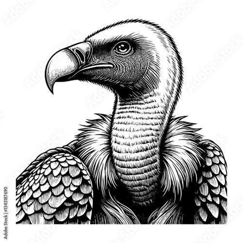 Vulture sketch engraving black and white outline. Scratch board imitation.  illustrated in vintage line art style on a white background.
