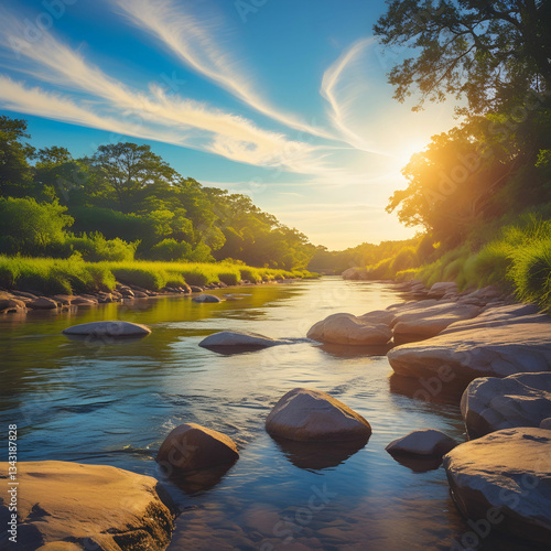 Golden sun reflecting on river rocks, shimmering water, and a tranquil, flowing river scene.