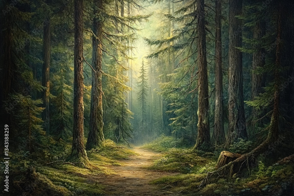 Obraz premium A sunlit path winds through a dense, tranquil forest of tall evergreens, creating a serene and mystical atmosphere.