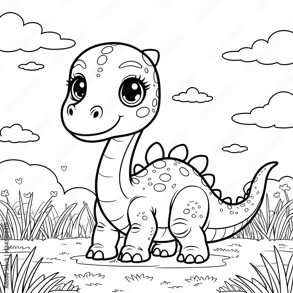 Fototapeta premium Bring the prehistoric world to life with this Kawaii Diplodocus Coloring Page! This adorable and friendly Diplodocus is designed with bold, thick outlines, making it perfect for kids, beginners