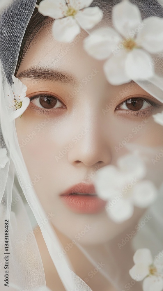 Fototapeta premium A tranquil woman adorned in a sheer veil gently surrounded by white flowers radiates an ethereal beauty. The soft focus highlights her serene expression against a dreamy background