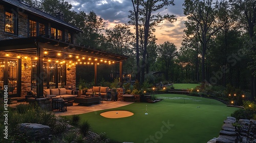 A sprawling backyard with a putting green, pergola-covered seating, and string lights creating a magical evening ambiance