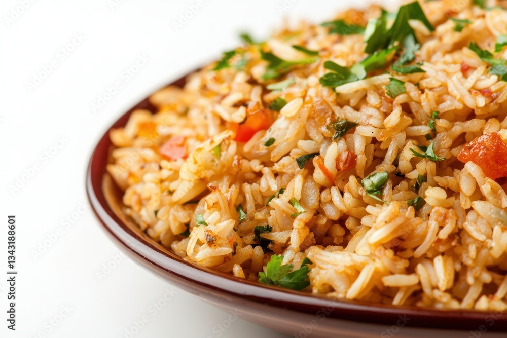 Exquisite bowl of tasty golden fried rice with fresh parsley garnish and diced tomatoes on white backdrop Exquisite bowl of tasty golden fried rice with fresh parsley garnish and diced tomatoes on white backdrop
