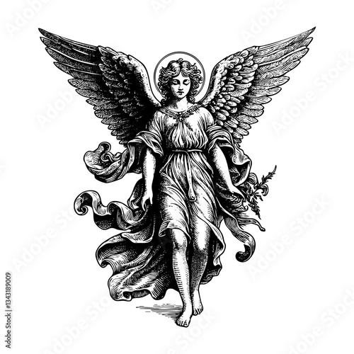 flying angel engraving black and white outline. Scratch board imitation.
