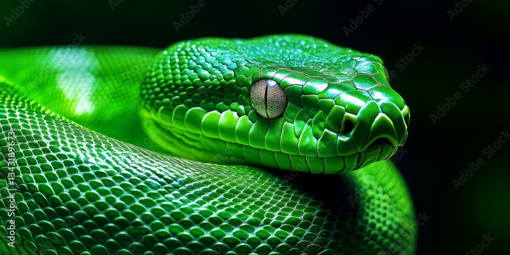Obraz premium Close-Up Portrait of a Vibrant Green Snake with Captivating Eyes on a Dark Background