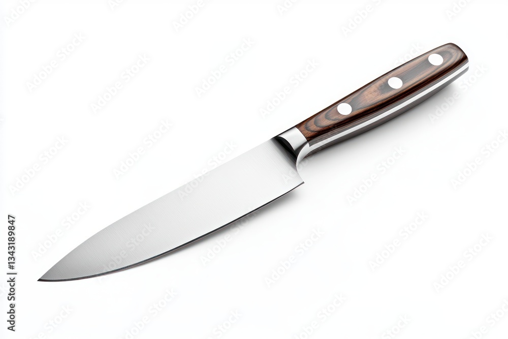 Fototapeta premium Sharp Kitchen Knife Isolated on White Background Professional Chef Knife with Wooden Handle Clean Modern