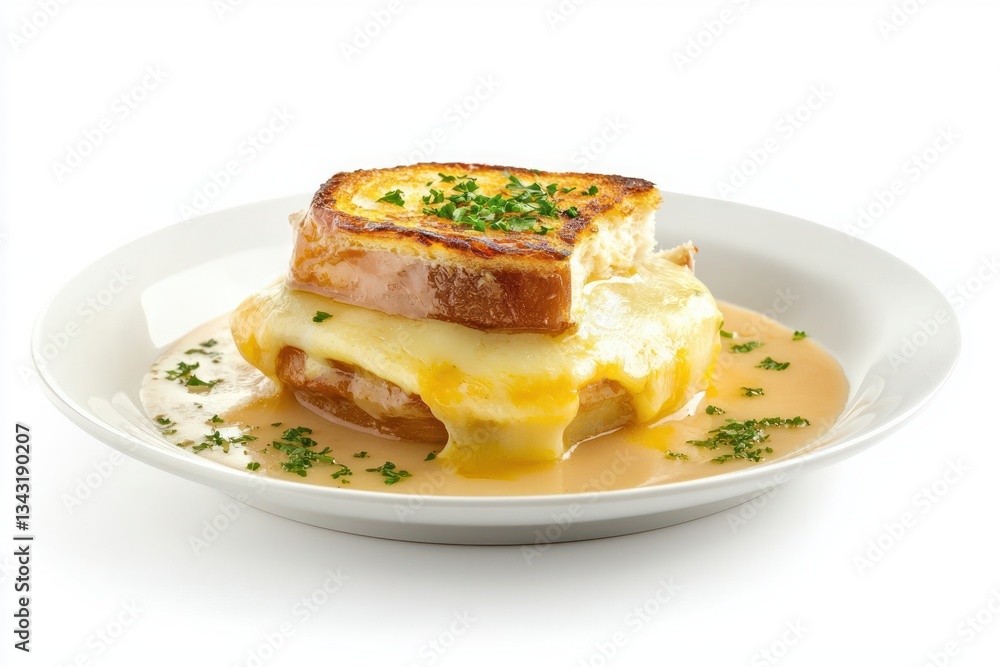 Exquisite Croque Monsieur Sandwich on Plate with Gruyere Cheese and Bechamel Sauce Studio Shot Delicious Exquisite Croque Monsieur Sandwich on Plate with Gruyere Cheese and Bechamel Sauce Studio Shot Delicious