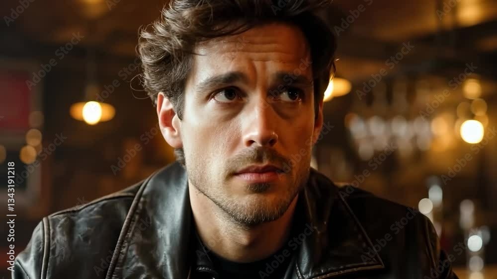 Contemplative man in leather jacket gazing in dimly lit cafe Contemplative man in leather jacket gazing in dimly lit cafe