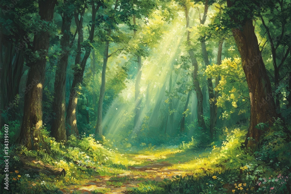 Naklejka premium Sunbeams illuminate a serene forest path, creating a magical, peaceful atmosphere.