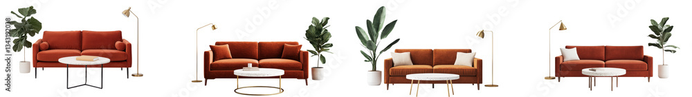 Obraz premium A contemporary and minimalist living room setting featuring a comfortable sofa modern coffee table and lush indoor plants creating a warm and inviting atmosphere