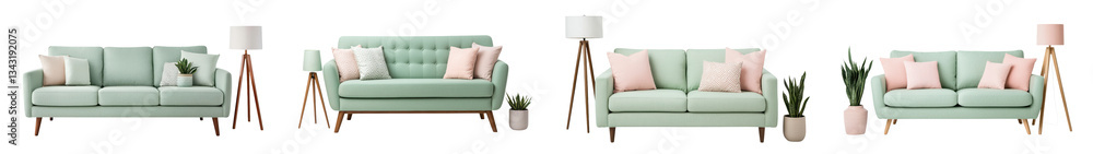 Naklejka premium Beautifully designed contemporary living space with comfortable pastel green and pink sofas complemented by minimalist furnishings and natural plant accents for a calming and inviting atmosphere
