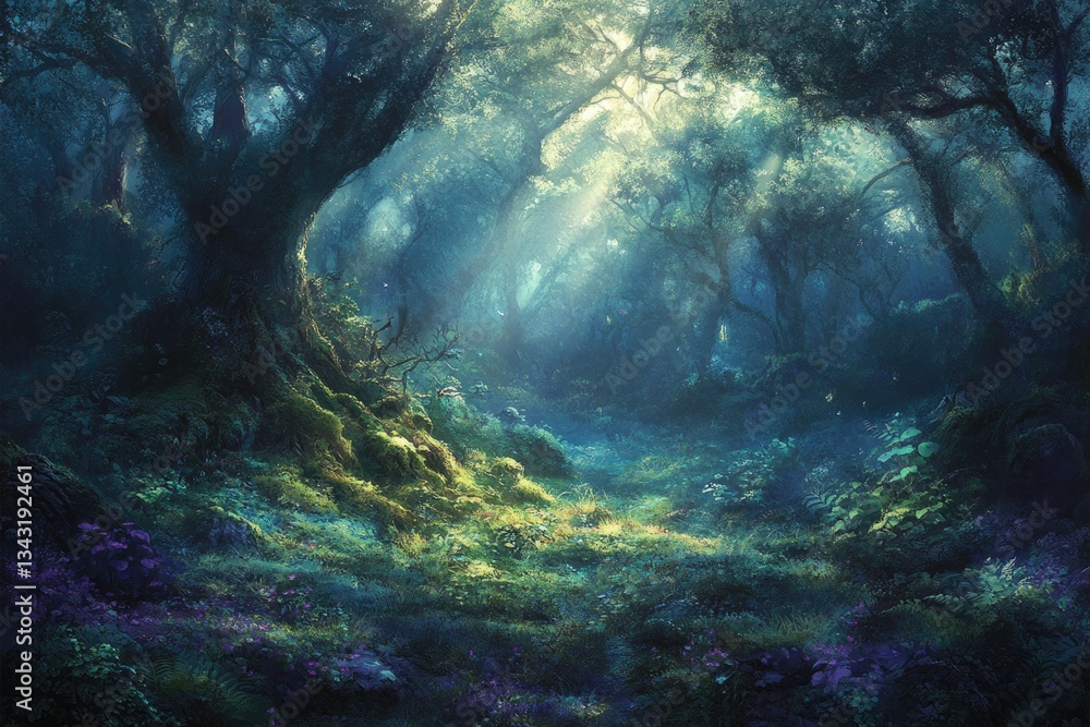 Obraz premium Sunbeams pierce a mystical forest, illuminating moss-covered ground and ancient trees.