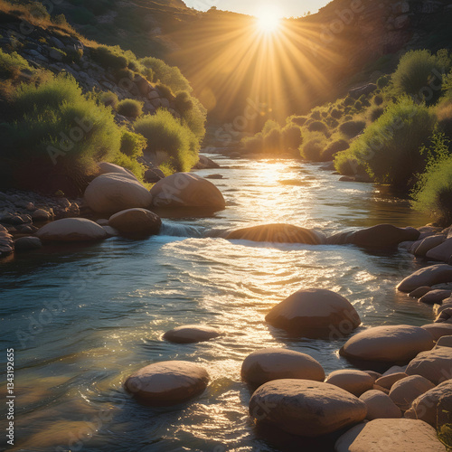 Golden sun reflecting on river rocks, shimmering water, and a tranquil, flowing river scene.