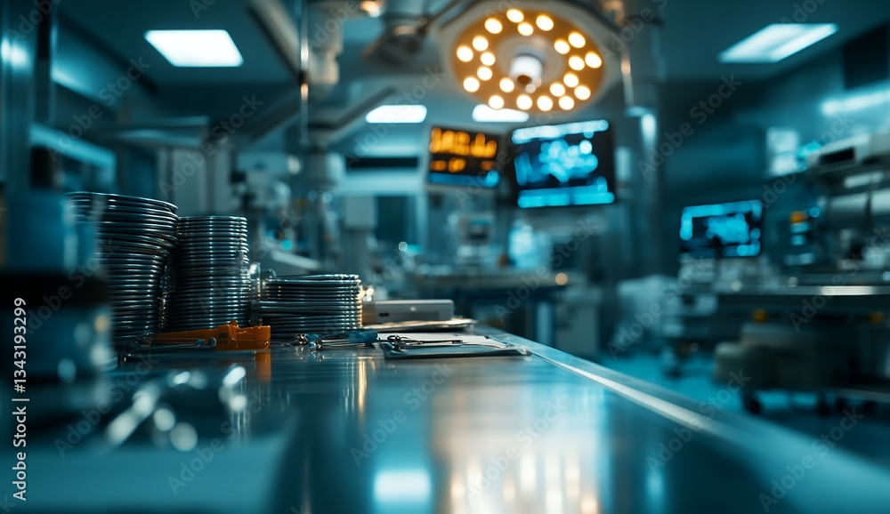 A sterile operating room is meticulously prepared for surgery, with stacks of medical instruments gleaming on a stainless steel table A sterile operating room is meticulously prepared for surgery, with stacks of medical instruments gleaming on a stainless steel table