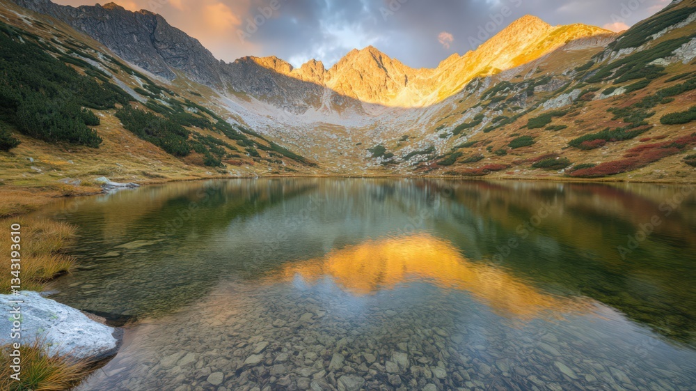 Golden Sunset Reflecting in a Calm Mountain Lake Golden Sunset Reflecting in a Calm Mountain Lake
