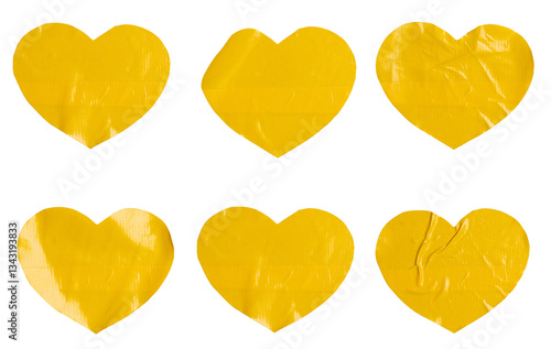 Set of yellow heart shaped confetti stickers, each sticker made from textured plastic film with a crumpled texture,  Sign tags labels elements design, isolated on white background, png