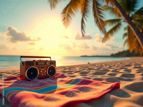 Retro Beach Scene with Boom Box, Colorful Towel, and Golden Hour Lighting