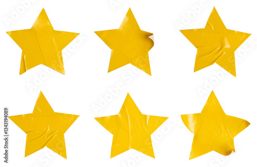 Set of yellow stars stickers, each sticker made from textured plastic film with a crumpled texture, Copy space for text preview sign tags labels elements design, isolated on white background, png