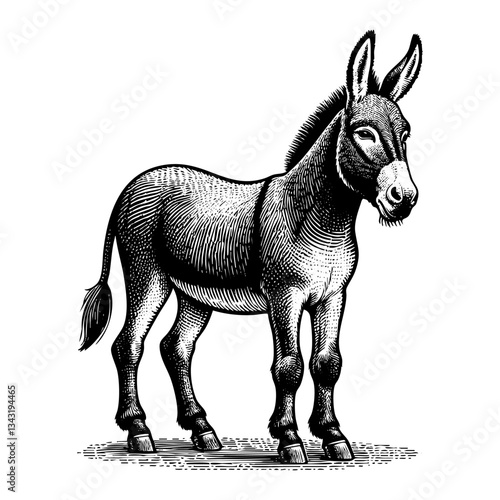 donkey sketch engraving black and white outline. Scratch board imitation.
