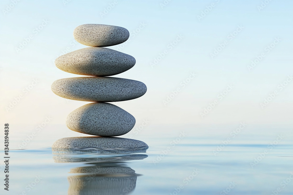 Fototapeta premium Balancing smooth stones on calm water under a serene sky at dawn enhances tranquility and mindfulness in nature settings