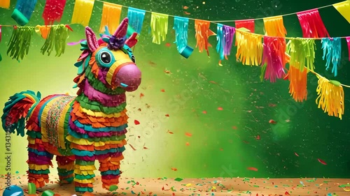 Vibrant donkey pinata with colorful confetti. Traditional Mexican cinco de mayo greeting card