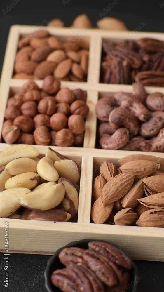 Wooden box with set of different nuts cashew, hazelnut, almond, brazil, pecan, walnut on dark concrete background Wooden box with set of different nuts cashew, hazelnut, almond, brazil, pecan, walnut on dark concrete background