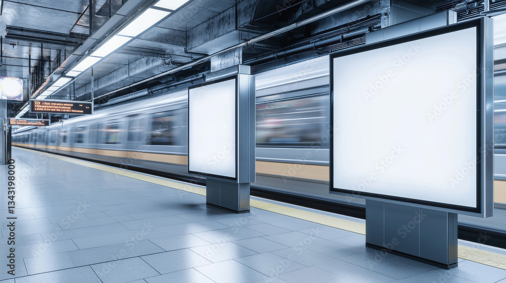 Obraz premium A modern subway station with blank billboards and a passing train in motion.