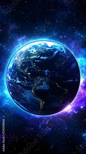 A stunning panoramic view of Earth from space showcasing the continents and city lights at night within a vibrant cosmic nebula background perfect for network operations center