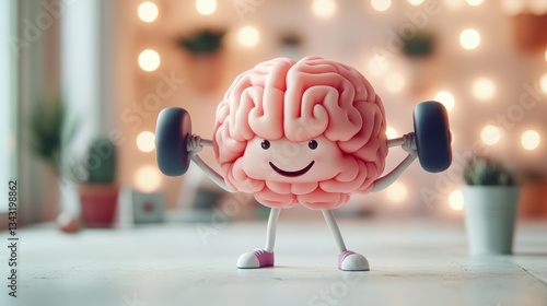 A playful cartoon brain lifting weights, symbolizing mental fitness and strength. concept of brain training and the enhancement of learning