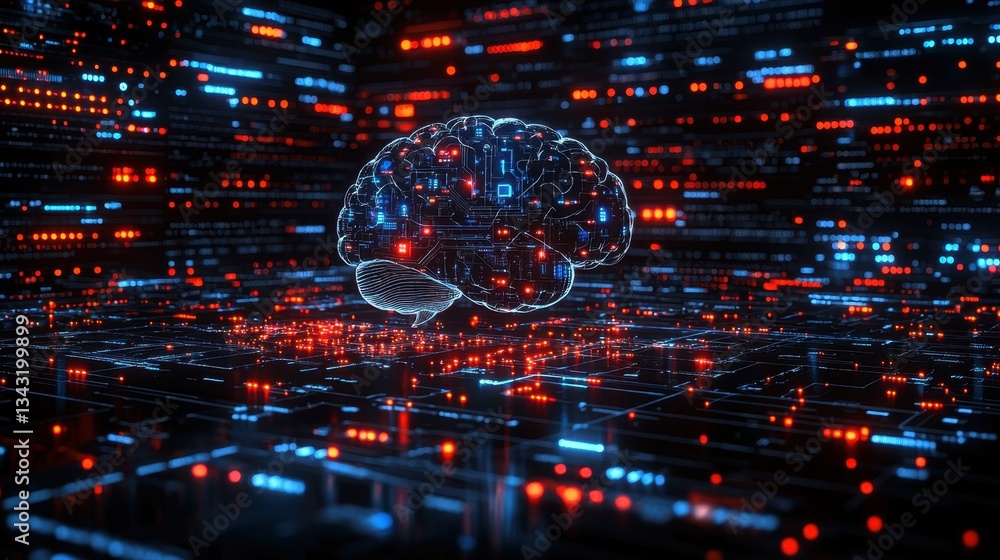 Fototapeta premium A digital brain with circuitry floats amid a vibrant backdrop of blue and red data streams, symbolizing artificial intelligence and technology.