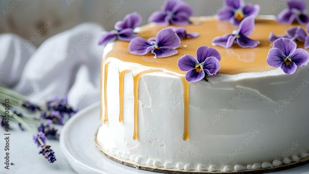 A beautifully decorated cake with a glossy caramel glaze and edible purple flowers on top. Concept Cake Decorating Ideas, Caramel Glaze Techniques, Edible Flower Decorations A beautifully decorated cake with a glossy caramel glaze and edible purple flowers on top. Concept Cake Decorating Ideas, Caramel Glaze Techniques, Edible Flower Decorations