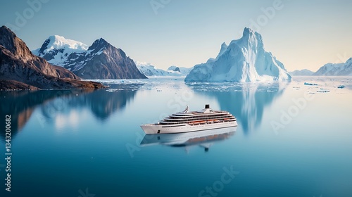 Luxurious cruise ship amidst majestic arctic icebergs. Serene glacial scenery