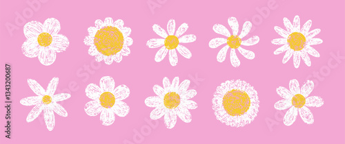 Collection of crayon doodle daisies. Spring Easter illustration of flowers with pastel or chalk texture. Summer kids vector illustration on a pink background.