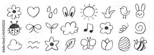 Set of elements of spring with crayon, chalk or pastel texture. Flower, butterfly, egg, bunny illustration painted by pastel or pencil. Doodle vector illustration on a white background.