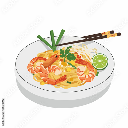 Delicious shrimp and noodle dish with fresh herbs and lime slice