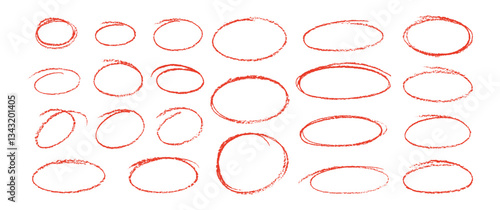 Set of red oval and circles with crayon, chalk or pastel texture. Freehand brush stroke highlight round, circular highlight frame element. Vector illustration on a white background.
