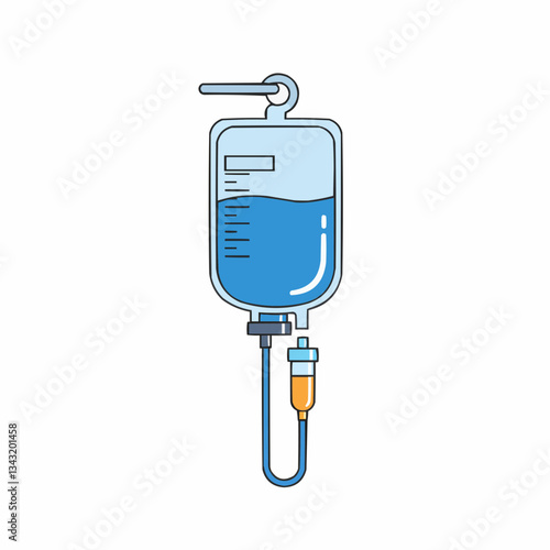 Medical IV bag with clear fluid hanging on a hook against a white background