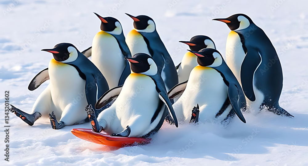 Fototapeta premium A group of playful penguins sliding on ice, with a large, clear area of snow 